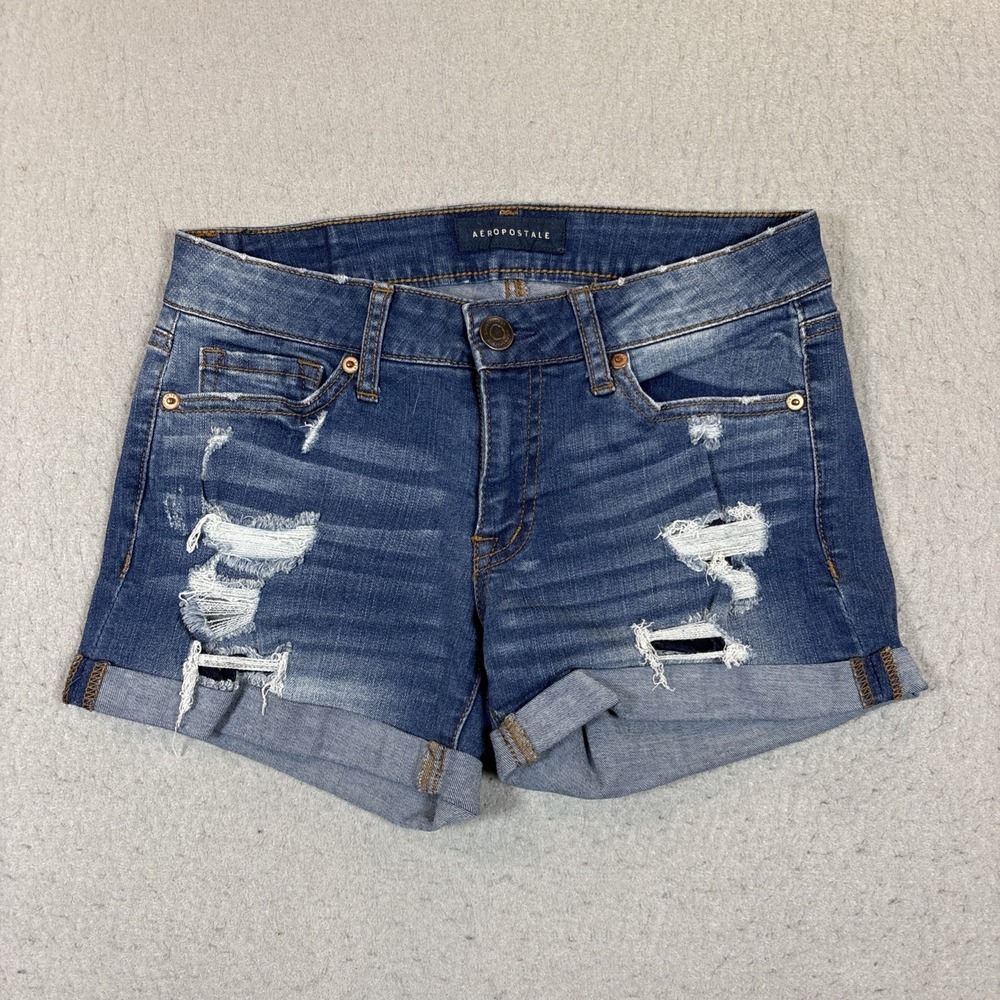 Aeropostale Jean Shorts Women's Size 00 Blue Distressed Stretch Midi Cuffed